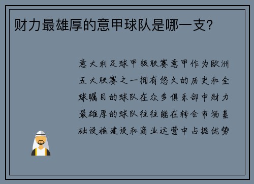 财力最雄厚的意甲球队是哪一支？