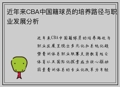 近年来CBA中国籍球员的培养路径与职业发展分析