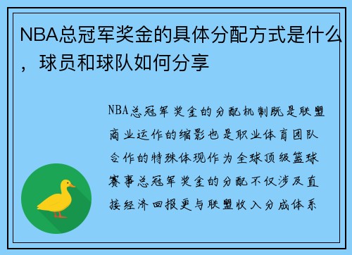 NBA总冠军奖金的具体分配方式是什么，球员和球队如何分享