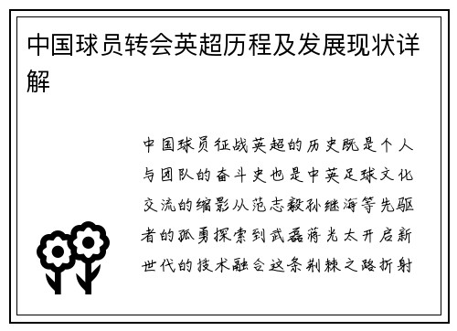 中国球员转会英超历程及发展现状详解